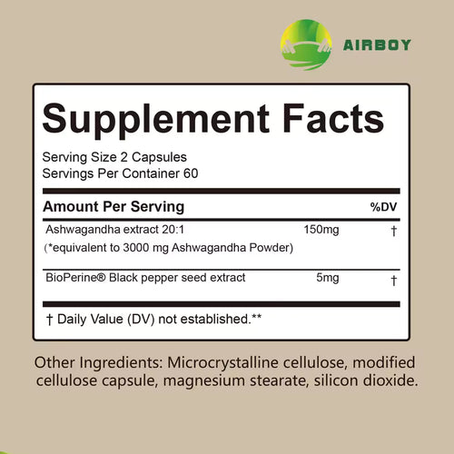 Ashwagandha Supplement - Improve Sleep Health, Relieve Stress, Focus, Boost Brain, Replenish Energy - 120 Capsules